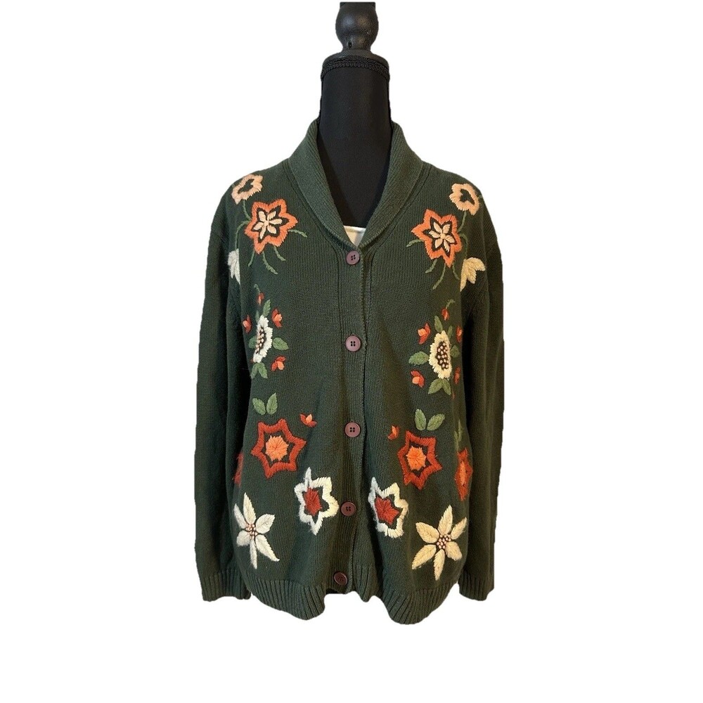 Stitches In time Green Floral Embroidered Cardigan Sz M Cottagecore Retro VTG